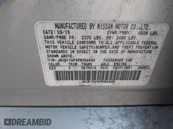 2015 Infiniti Q50 with VIN JN1BV7AP6FM354690, listed as a IAAI auction lot 42410614 with 98,527 mi miles and . Bid and sale history available at DreamBid. Image 9.