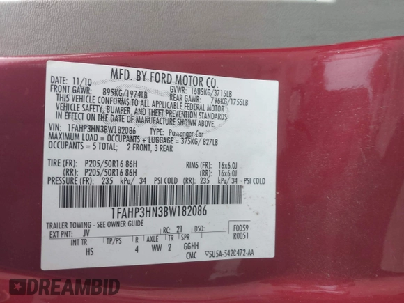 2011 Ford Focus SEL with VIN 1FAHP3HN3BW182086, listed as a IAAI auction lot 41148244 with 162,792 mi miles. Bid and sale history available at carsss.com. Image 9.