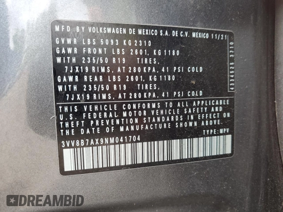 2022 Volkswagen Tiguan SE R-Line Black z VIN 3VV8B7AX9NM041704, wystawiony jako Copart lot #56583275 z przebiegiem 42 996 mil mil oraz Szkoda całkowita • Salvage title. Historia ofert i sprzedaży dostępna na DreamBid. Obrazek 14.