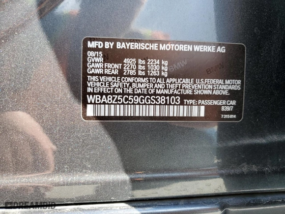 2016 BMW 3 Series Gran Turismo 328i xDrive with VIN WBA8Z5C59GGS38103, listed as a Copart auction lot 51332825 with NaN miles and Salvage Title. Bid and sale history available at carsss.com. Image 12.