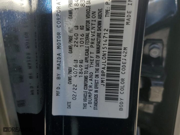 2022 Mazda Mazda3 Hatchback 2.5 S with VIN JM1BPAJL0N1514712, listed as a Copart auction lot 86026084 with 22,512 mi miles and Salvage Title. Bid and sale history available at carsss.com. Image 12.