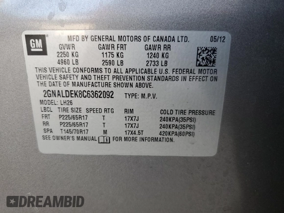 2012 Chevrolet Equinox LT w/1LT with VIN 2GNALDEK8C6362092, listed as a Copart auction lot 50328875 with 0 mi miles and Salvage Title. Bid and sale history available at carsss.com. Image 14.