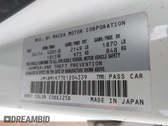 2014 Mazda 3 i Sport with VIN JM1BM1K77E1204339, listed as a IAAI auction lot 41593197 with 94,656 mi miles and . Bid and sale history available at carsss.com. Image 9.