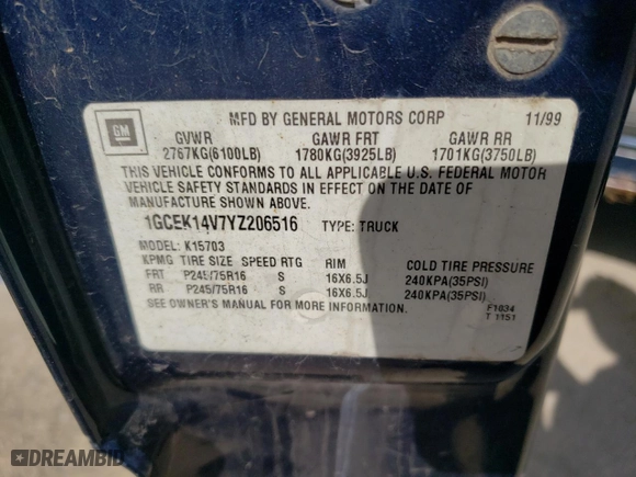2000 Chevrolet Silverado 1500 with VIN 1GCEK14V7YZ206516, listed as a Copart auction lot 61213624 with 267,465 mi miles and Salvage Title. Bid and sale history available at carsss.com. Image 12.