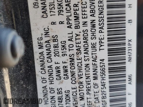 2015 Honda Civic Sedan LX with VIN 2HGFB2F54FH566574, listed as a Copart auction lot 52797175 with 116,822 mi miles and Salvage Title. Bid and sale history available at carsss.com. Image 14.