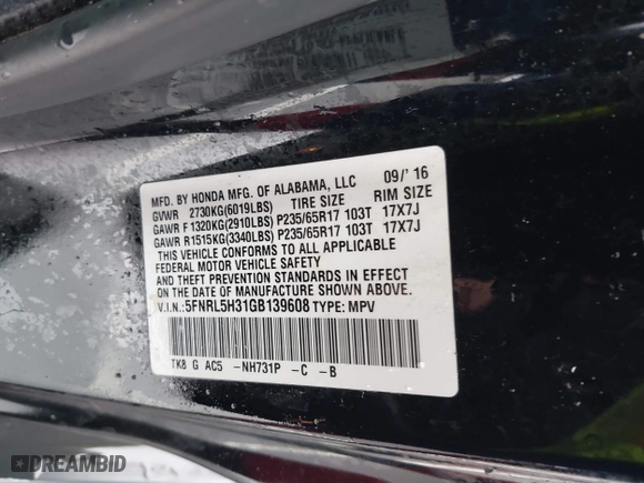 2016 Honda Odyssey SE with VIN 5FNRL5H31GB139608, listed as a IAAI auction lot 41819400 with 109,195 mi miles. Bid and sale history available at carsss.com. Image 9.