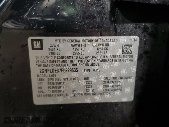 2015 Chevrolet Equinox LT with VIN 2GNFLGE37F6229635, listed as a Copart auction lot 46658415 with 101,468 mi miles and Salvage Title. Bid and sale history available at carsss.com. Image 14.