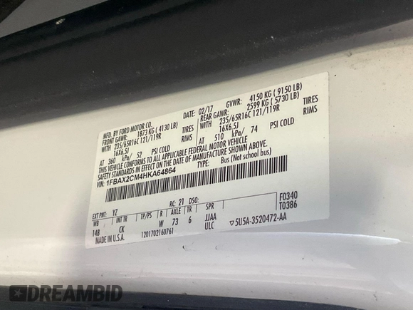 2017 Ford Transit XL z VIN 1FBAX2CM4HKA64864, wystawiony jako IAAI lot #42636468 z przebiegiem 56 010 mil mil oraz . Historia ofert i sprzedaży dostępna na DreamBid. Obrazek 25.