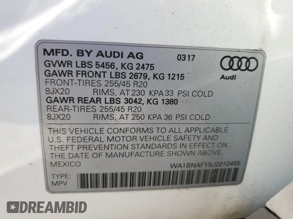 2018 Audi Q5 Premium Plus with VIN WA1BNAFY5J2010455, listed as a Copart auction lot 72926202 with 53,290 mi miles. Bid and sale history available at carsss.com. Image 14.