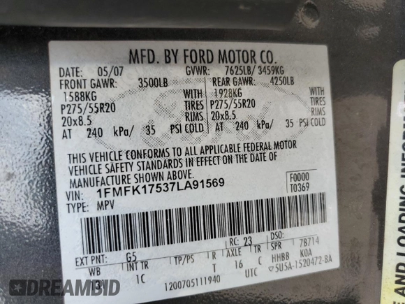 2007 Ford Expedition Max Eddie Bauer z VIN 1FMFK17537LA91569, wystawiony jako Copart lot #55829234 z przebiegiem 231 897 mil mil oraz Szkoda całkowita • Salvage title. Historia ofert i sprzedaży dostępna na DreamBid. Obrazek 16.
