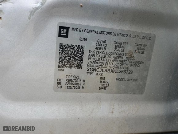 2019 Chevrolet Trax LT with VIN 3GNCJLSBXKL266729, listed as a Copart auction lot 44404515 with 105,935 mi miles and Salvage Title. Bid and sale history available at carsss.com. Image 15.