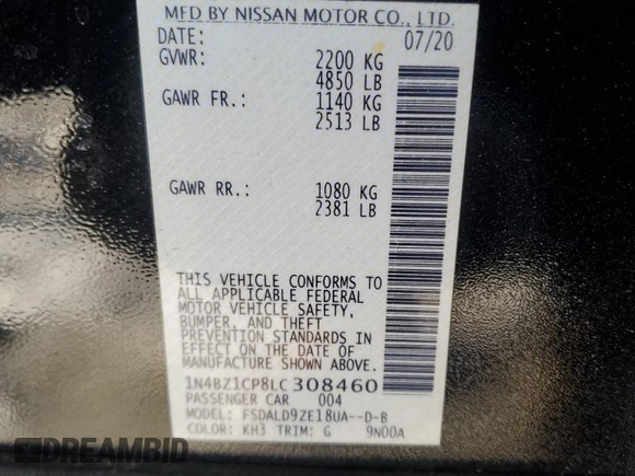2020 Nissan LEAF SV Plus with VIN 1N4BZ1CP8LC308460, listed as a Copart auction lot 89334465 with 34,623 mi miles and Salvage Title. Bid and sale history available at DreamBid. Image 13.