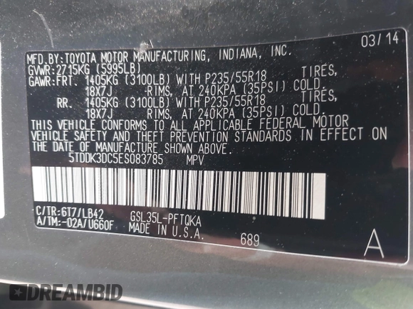 2014 Toyota Sienna Limited with VIN 5TDDK3DC5ES083785, listed as a IAAI auction lot 42559682 with 168,244 mi miles and . Bid and sale history available at DreamBid. Image 9.