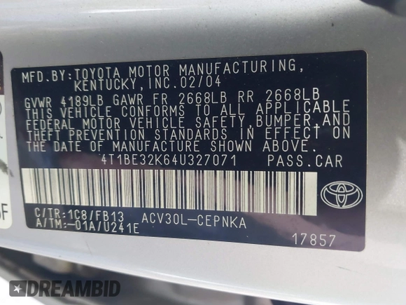 2004 Toyota Camry LE with VIN 4T1BE32K64U327071, listed as a IAAI auction lot 42438458 with 194,614 mi miles and . Bid and sale history available at DreamBid. Image 9.