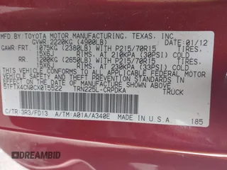 2012 Toyota Tacoma with VIN 5TFTX4CN0CX015522, listed as a IAAI auction lot 42486017 with 205,596 mi miles and . Bid and sale history available at DreamBid. Image 9.