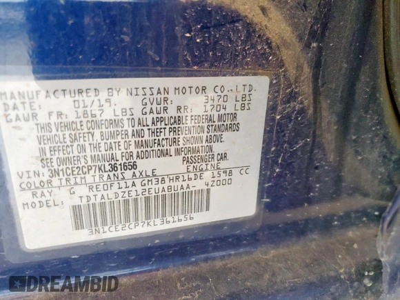 2019 Nissan Note SV z VIN 3N1CE2CP7KL361656, wystawiony jako Copart lot #61381945 z przebiegiem 184 113 mil mil oraz Nie do naprawy • Non repairable. Historia ofert i sprzedaży dostępna na DreamBid. Obrazek 13.