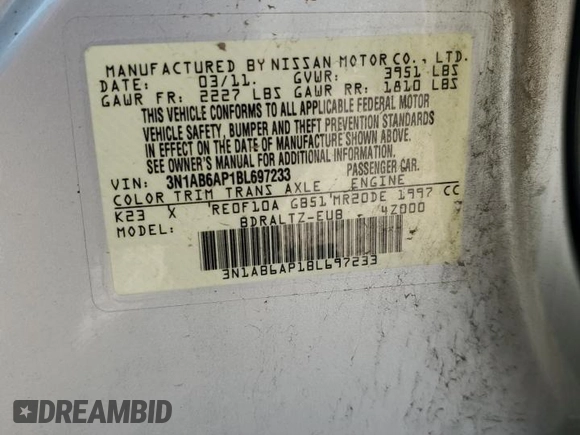 2011 Nissan Sentra SR with VIN 3N1AB6AP1BL697233, listed as a Copart auction lot 52480125 with 137,553 mi miles and Salvage Title. Bid and sale history available at DreamBid. Image 12.