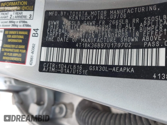2007 Toyota Avalon XL with VIN 4T1BK36B97U179702, listed as a IAAI auction lot 41803073 with 162,376 mi miles. Bid and sale history available at carsss.com. Image 9.