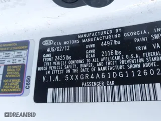 2013 Kia Optima SX w/Limited Pkg with VIN 5XXGR4A61DG112602, listed as a IAAI auction lot 41847204 with 197,828 mi miles. Bid and sale history available at carsss.com. Image 9.