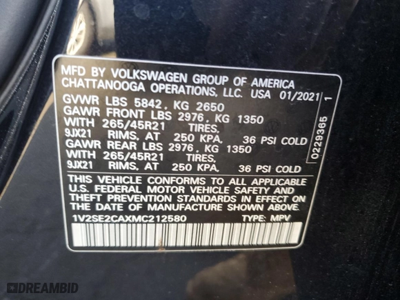 2021 Volkswagen Atlas Cross Sport 3.6L V6 SEL with VIN 1V2SE2CAXMC212580, listed as a Copart auction lot 79610504 with 47,071 mi miles and Salvage Title. Bid and sale history available at carsss.com. Image 14.