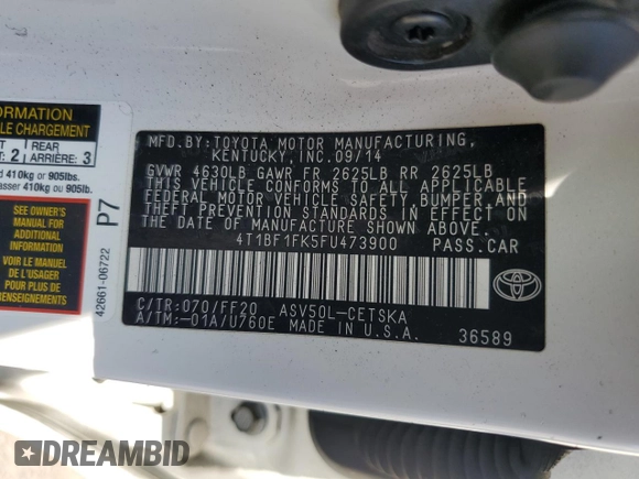 2015 Toyota Camry XLE с VIN 4T1BF1FK5FU473900, выставлен на аукционе Copart как лот 60695515 с пробегом 92 557 миль миль и Списание • Salvage title. История ставок и продаж доступна на DreamBid. Изображение 12.