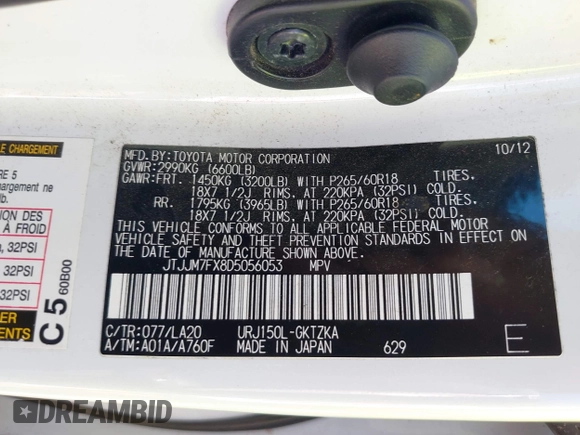 2013 Lexus GX 460 Premium z VIN JTJJM7FX8D5056053, wystawiony jako IAAI lot #42167295 z przebiegiem 189 652 mil mil oraz . Historia ofert i sprzedaży dostępna na DreamBid. Obrazek 9.