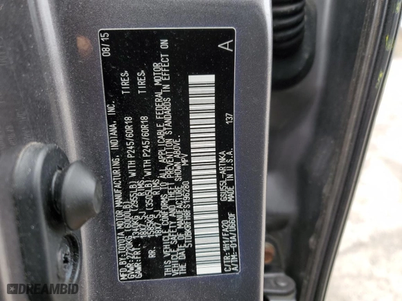 2015 Toyota Highlander LE with VIN 5TDBKRFH8FS196280, listed as a Copart auction lot 51072125 with 0 mi miles and Non Repairable. Bid and sale history available at carsss.com. Image 15.