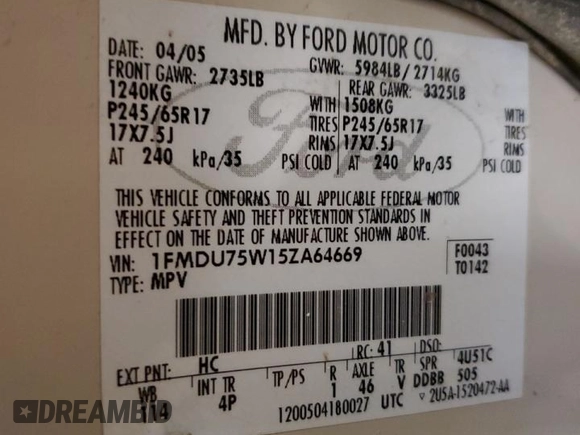 2005 Ford Explorer Limited with VIN 1FMDU75W15ZA64669, listed as a Copart auction lot 42046605 with 221,596 mi miles and Salvage title. Bid and sale history available at DreamBid. Image 13.