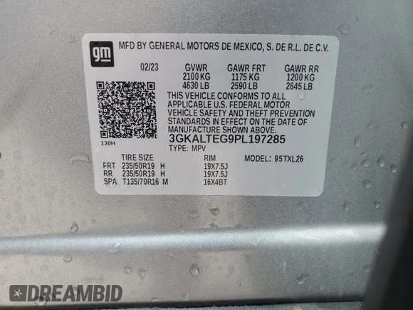 2023 GMC Terrain SLE with VIN 3GKALTEG9PL197285, listed as a Copart auction lot 50163245 with 57,627 mi miles and Salvage title. Bid and sale history available at DreamBid. Image 13.