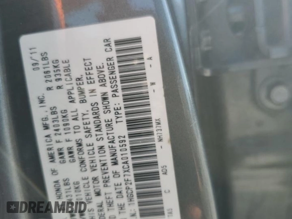 2012 Honda Accord EX with VIN 1HGCP2F7XCA010592, listed as a Copart auction lot 64539515 with 284,296 mi miles and Salvage title. Bid and sale history available at DreamBid. Image 12.