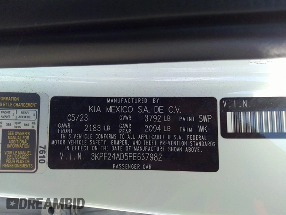 2023 Kia Forte LXS with VIN 3KPF24AD5PE637982, listed as a IAAI auction lot 41850509 with 27,495 mi miles and . Bid and sale history available at DreamBid. Image 9.