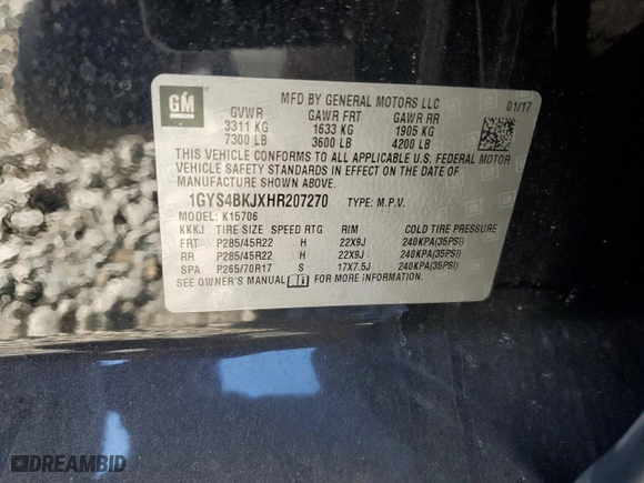 2017 Cadillac Escalade Luxury with VIN 1GYS4BKJXHR207270, listed as a Copart auction lot 46976225 with 125,086 mi miles and Salvage Title. Bid and sale history available at carsss.com. Image 15.