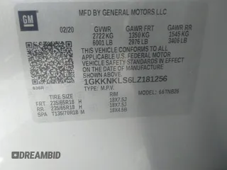 2020 GMC Acadia SLE z VIN 1GKKNKLS6LZ181256, wystawiony jako IAAI lot #42225037 z przebiegiem Nie podano mil oraz . Historia ofert i sprzedaży dostępna na DreamBid. Obrazek 9.