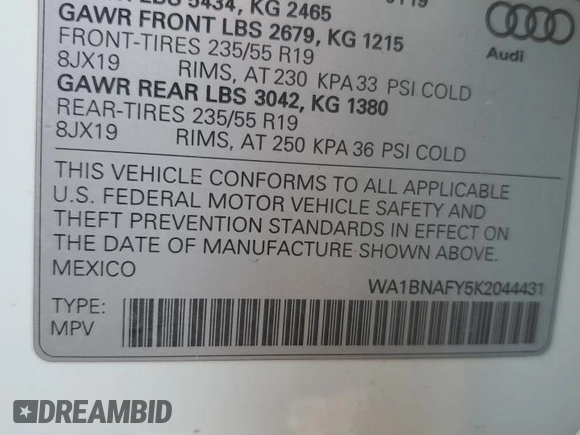2019 Audi Q5 Premium Plus with VIN WA1BNAFY5K2044431, listed as a Copart auction lot 47662125 with 44,516 mi miles and Salvage Title. Bid and sale history available at carsss.com. Image 15.
