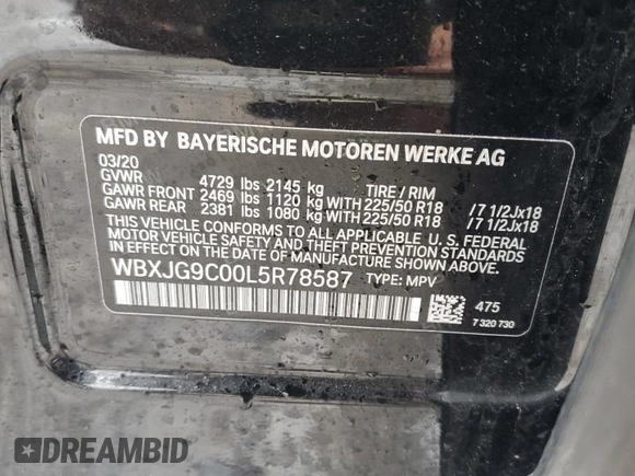2020 BMW X1 xDrive28i z VIN WBXJG9C00L5R78587, wystawiony jako Copart lot #55016805 z przebiegiem 53 275 mil mil oraz Szkoda całkowita • Salvage title. Historia ofert i sprzedaży dostępna na DreamBid. Obrazek 13.