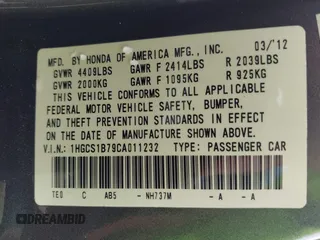 2012 Honda Accord EX with VIN 1HGCS1B79CA011232, listed as a IAAI auction lot 42566099 with 256,964 mi miles and . Bid and sale history available at DreamBid. Image 9.