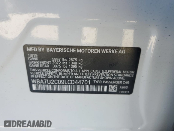 2020 BMW 7 Series 750i xDrive with VIN WBA7U2C09LCD44701, listed as a Copart auction lot 84147734 with 0 mi miles and Non Repairable. Bid and sale history available at carsss.com. Image 14.