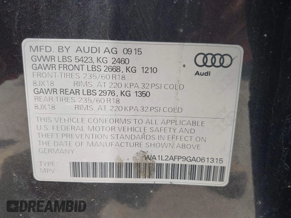 2016 Audi Q5 Premium Plus with VIN WA1L2AFP9GA061315, listed as a IAAI auction lot 42487560 with 114,346 mi miles and . Bid and sale history available at DreamBid. Image 9.