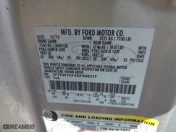 2013 Ford F-150 XL with VIN 1FTFW1CFXDFA85317, listed as a IAAI auction lot 41783100 with 148,127 mi miles. Bid and sale history available at carsss.com. Image 9.