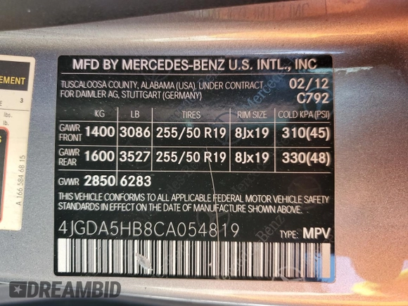 2012 Mercedes-Benz M 350 with VIN 4JGDA5HB8CA054819, listed as a Copart auction lot 49919665 with 167,669 mi miles and Salvage title. Bid and sale history available at DreamBid. Image 13.