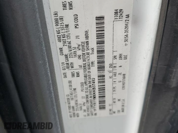 2019 Ford Transit with VIN 1FTYR1YMXKKB37492, listed as a Copart auction lot 56231695 with Not provided miles and Salvage title. Bid and sale history available at DreamBid. Image 13.