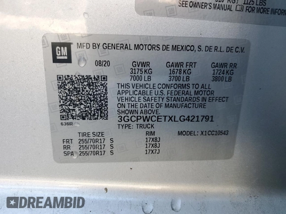 2020 Chevrolet Silverado 1500 LT with VIN 3GCPWCETXLG421791, listed as a Copart auction lot 86691014 with 60,445 mi miles and Salvage Title. Bid and sale history available at DreamBid. Image 12.