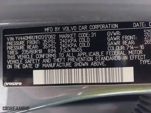 2017 Volvo XC60 Inscription with VIN YV440MRU1H2017062, listed as a IAAI auction lot 41723799 with 110,954 mi miles. Bid and sale history available at carsss.com. Image 9.