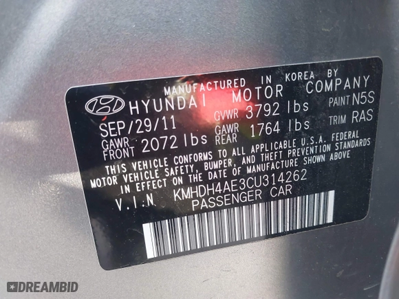 2012 Hyundai Elantra GLS with VIN KMHDH4AE3CU314262, listed as a IAAI auction lot 41973510 with 175,597 mi miles. Bid and sale history available at carsss.com. Image 9.
