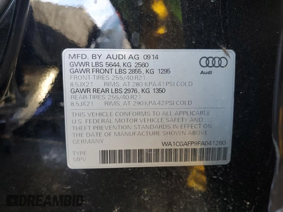2015 Audi SQ5 Premium Plus with VIN WA1CGAFP9FA041260, listed as a Copart auction lot 43103834 with 171,033 mi miles. Bid and sale history available at carsss.com. Image 13.