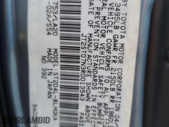 1994 Toyota Celica GT с VIN JT2ST07N3R0013543, выставлен на аукционе Copart как лот 52173605 с пробегом 76 841 миль миль и Чистый • Clean title. История ставок и продаж доступна на DreamBid. Изображение 12.