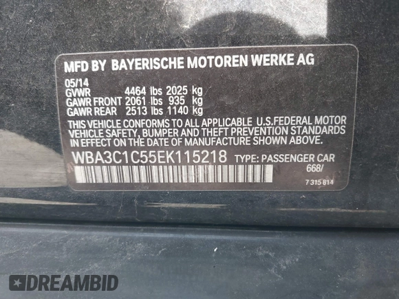 2014 BMW 3 Series 328i with VIN WBA3C1C55EK115218, listed as a IAAI auction lot 41824817 with 101,941 mi miles. Bid and sale history available at carsss.com. Image 9.