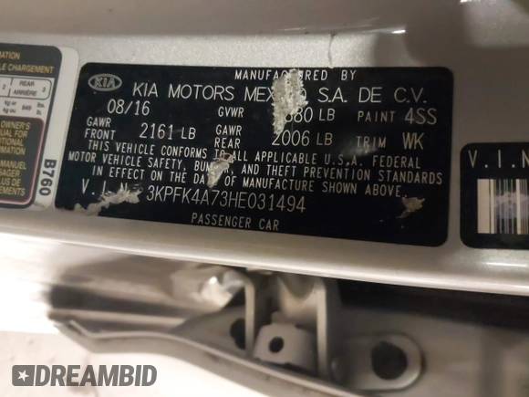 2017 Kia Forte LX with VIN 3KPFK4A73HE031494, listed as a IAAI auction lot 41669822 with 99,065 mi miles. Bid and sale history available at carsss.com. Image 9.