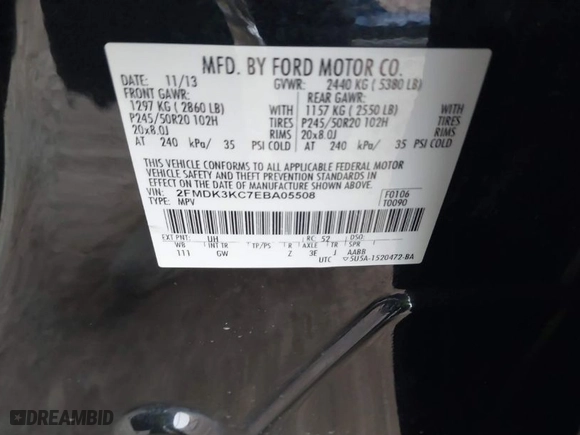 2014 Ford Edge Limited with VIN 2FMDK3KC7EBA05508, listed as a IAAI auction lot 41440811 with 133,079 mi miles. Bid and sale history available at carsss.com. Image 9.
