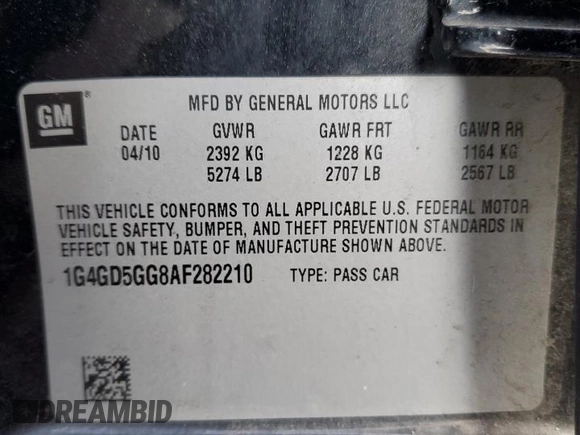 2010 Buick LaCrosse z VIN 1G4GD5GG8AF282210, wystawiony jako Copart lot #81418624 z przebiegiem Nie podano mil oraz Czysty tytuł • Clean title. Historia ofert i sprzedaży dostępna na DreamBid. Obrazek 12.